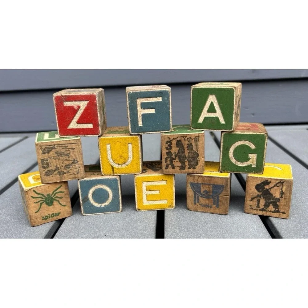 Vintage wood alphabet building blocks letters object animals pictures 1950's